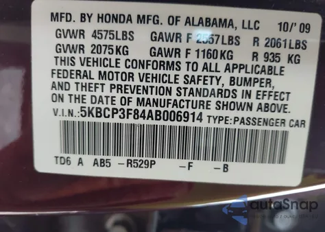 2010 Honda Accord 3.5 Ex-L z USA, uszkodzony, nr VIN 5KBCP3F84AB006914